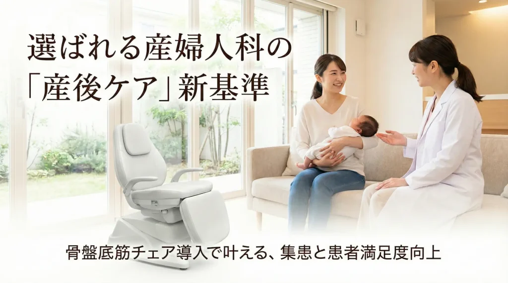 選ばれる産婦人科の「産後ケア」新基準を示すメインビジュアル。明るいクリニックで医師と笑顔の母親が話し、横に骨盤底筋トレーニングチェア（ペルーナ）が設置されている。導入による集患と患者満足度向上を訴求。