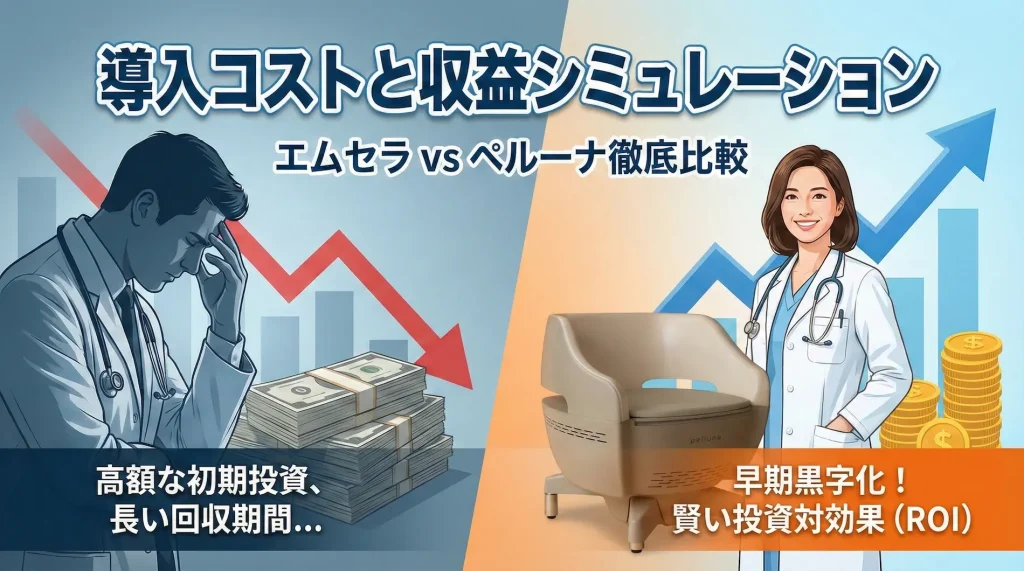 導入コストと収益シミュレーション（エムセラ vs ペルーナ徹底比較）のメインビジュアル画像。左側は「高額な初期投資、長い回収期間」に頭を抱える医師のイラストで赤字リスクを、右側はペルーナ導入で「早期黒字化！賢い投資対効果（ROI）」を実現し笑顔の医師のイラストで収益性を対比させている。