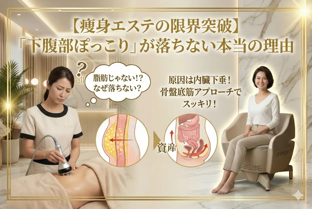 痩身エステで下腹部ぽっこりが落ちない原因は内臓下垂。骨盤底筋アプローチのペルーナで解決する図解