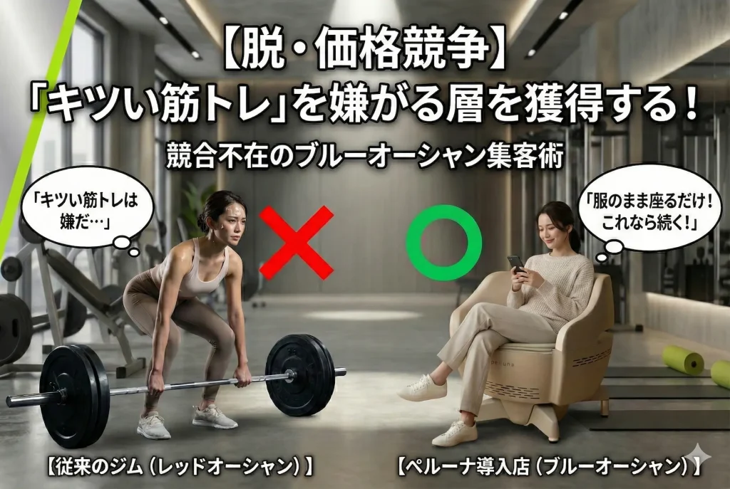 「キツい筋トレ」を嫌がる層を獲得するブルーオーシャン集客のアイキャッチ画像。左側の「従来のジム」では女性がバーベルに苦しみ、右側の「ペルーナ導入店」では女性が服のまま座ってスマホを見ながらリラックスしている様子を対比。