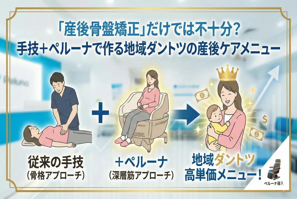 産後骨盤矯正の単価アップ戦略。従来の手技(骨格アプローチ)に骨盤底筋チェア「ペルーナ」を加え、地域ダントツの高単価産後ケアメニューを作るステップの図解