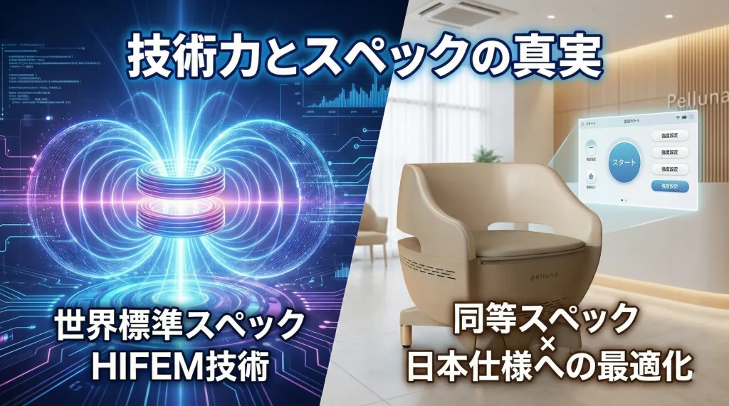 技術力とスペックの真実」のメインビジュアル画像。左側は抽象的な電磁場コイルとエネルギー波のイラストで「世界標準スペック HIFEM技術」を表現し、右側は明るいクリニックに設置されたペルーナの実機と空中に浮かぶ日本語操作画面で「同等スペック × 日本仕様への最適化」を対比して示している。