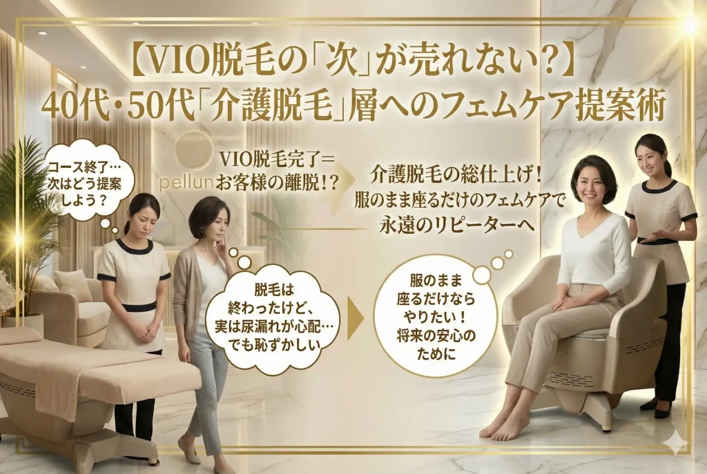 VIO介護脱毛を終えた40代・50代へのフェムケア提案。服のまま座るだけのペルーナで永遠のリピーターを獲得