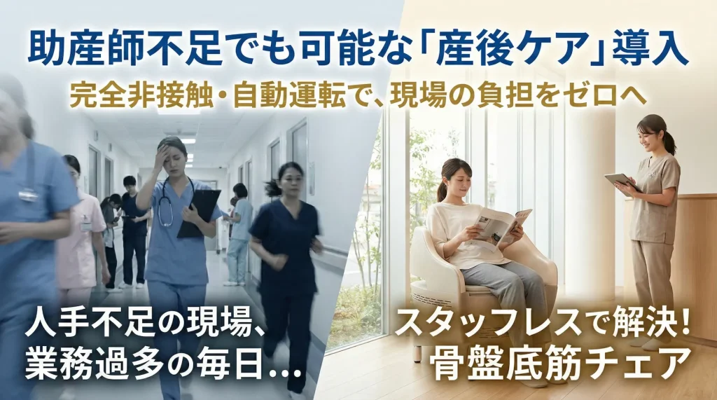 助産師不足でも可能な「産後ケア」導入を示すアイキャッチ画像。左側は「人手不足の現場、業務過多の毎日...」というテキストと共に、忙しく働く医療スタッフの様子。右側は「スタッフレスで解決!骨盤底筋チェア」というテキストと共に、女性が骨盤底筋トレーニングチェア(ペルーナ)に座ってリラックスし、スタッフが離れた場所にいる様子を対比させている。上部キャッチコピー:「完全非接触・自動運転で、現場の負担をゼロへ」