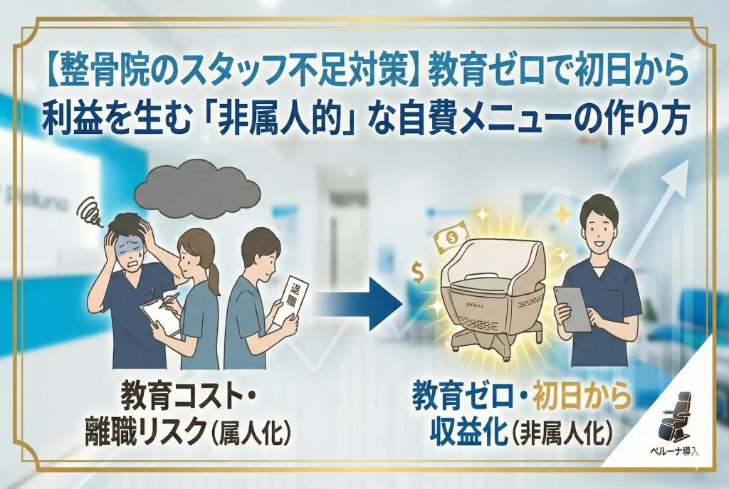 整骨院のスタッフ不足対策。教育コストや離職リスク(属人化)の悩みから、ペルーナ導入による教育ゼロ・初日からの収益化(非属人化)への移行を示す図解