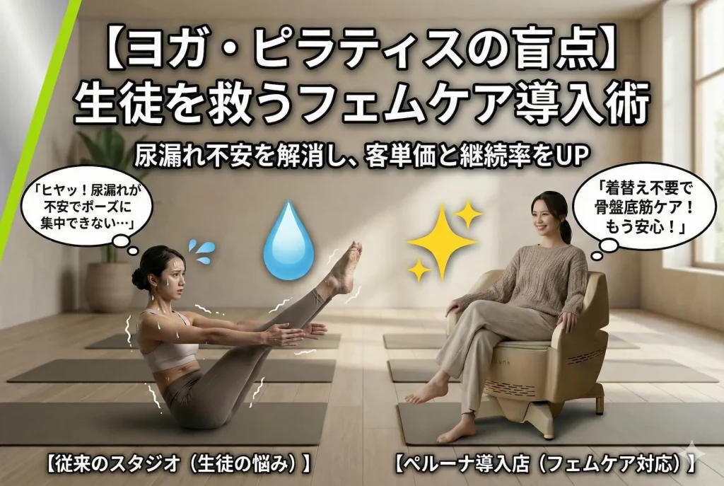 ヨガ・ピラティススタジオ向けフェムケア導入術のアイキャッチ画像。左側は尿漏れが不安でポーズに集中できない女性の悩み、右側はペルーナに着衣のまま座り骨盤底筋ケアをして安心している様子を描写。