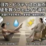ヨガ・ピラティススタジオ向けフェムケア導入術のアイキャッチ画像。左側は尿漏れが不安でポーズに集中できない女性の悩み、右側はペルーナに着衣のまま座り骨盤底筋ケアをして安心している様子を描写。