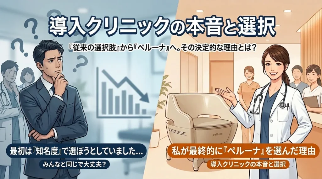 「導入クリニックの本音と選択」のメインビジュアル画像。左側は「知名度で選ぼうとしていた従来の選択肢」に不安を感じ、グラフが右下がりになっている悩める男性医師のイラスト。右側は最終的に「ペルーナ」を選び、自信に満ちた表情で実機の横に立つ女性医師とスタッフのイラストで、導入の成功を対比させている。中央のテキストは「『従来の選択肢』から『ペルーナ』へ。その決定的な理由とは？」。