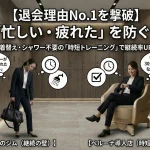 ジム退会理由No.1「忙しい・疲れた」を防ぐ時短トレーニングのアイキャッチ画像。左側の着替えやシャワーを面倒に感じる疲れた女性と、右側のスーツのままペルーナに座り30分の時短ケアで継続できる女性を比較。