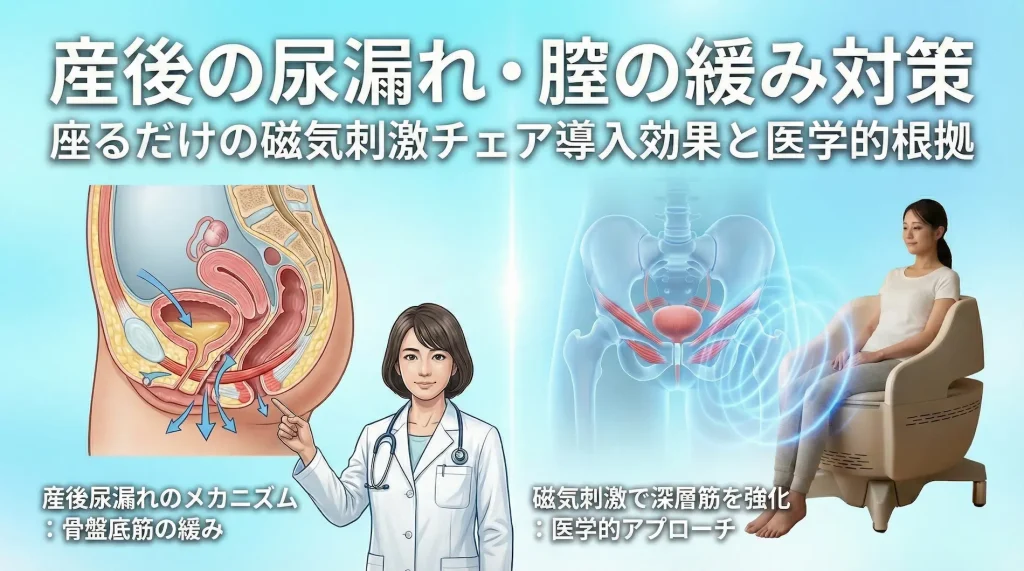 産後の尿漏れ・膣の緩み対策に関する医学的解説のアイキャッチ画像。左側では医師が骨盤断面図を用いて「産後尿漏れのメカニズム:骨盤底筋の緩み」を説明し、右側では磁気刺激が深層筋を強化する様子と、ペルーナチェアに座る女性で「医学的アプローチ」を図解している。上部タイトル:「産後の尿漏れ・膣の緩み対策 座るだけの磁気刺激チェア導入効果と医学的根拠」