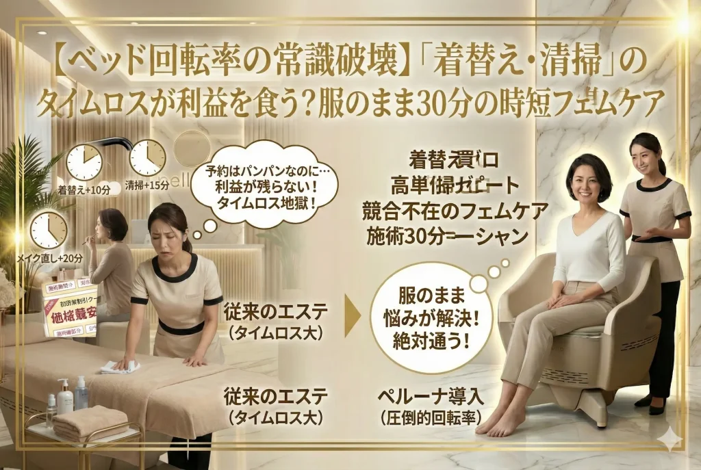 エステサロンのベッド回転率の常識破壊。着替え・清掃・メイク直しのタイムロスをなくす服のまま30分の時短フェムケア