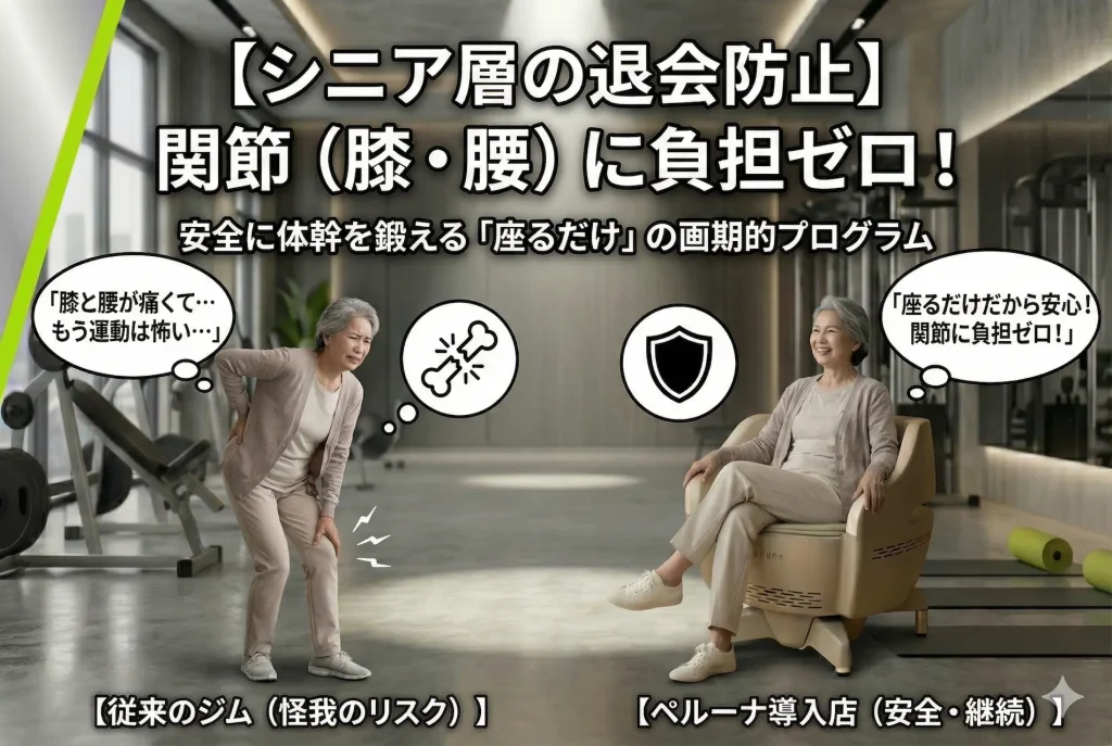シニア層のジム退会防止プログラムのアイキャッチ画像。左側は膝や腰の痛みに悩むシニア女性、右側は関節に負担をかけず座るだけで安全にペルーナで体幹を鍛えるシニア女性の様子。