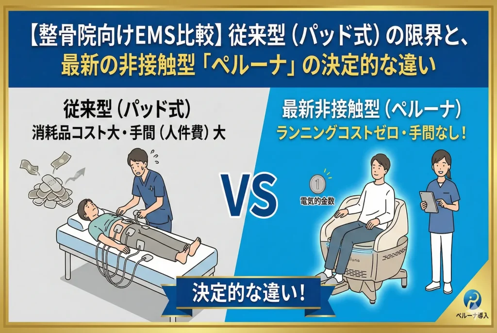 整骨院向けEMS比較。消耗品コストと人件費がかさむ従来型のパッド式EMSと、ランニングコストゼロで手間なしの最新非接触型チェア「ペルーナ」の決定的な違いの図解