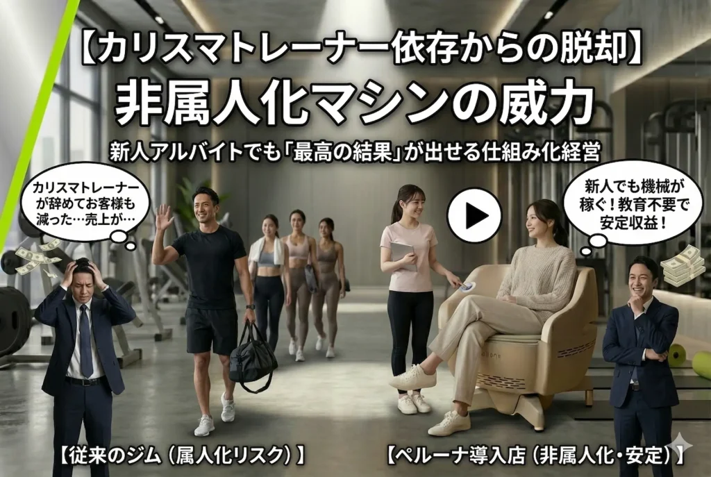 カリスマトレーナー依存からの脱却と非属人化マシンの威力を示すアイキャッチ画像。左側のトレーナー離職と顧客引き抜きに悩む経営者と、右側の新人スタッフでもペルーナを使って教育不要で安定収益を上げる成功例を対比。