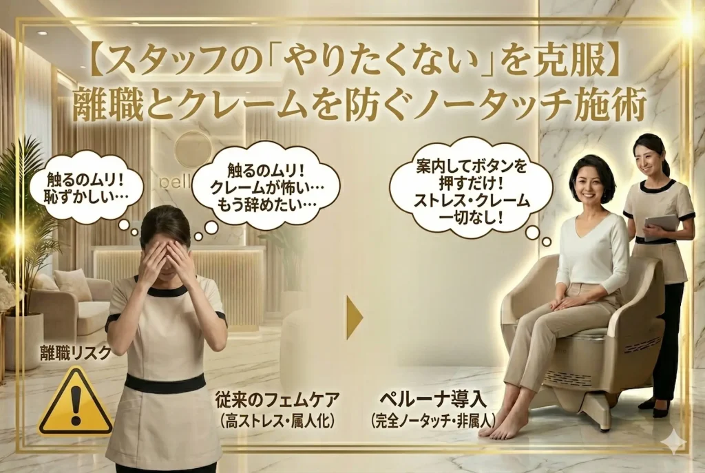 スタッフのデリケートゾーン施術への抵抗感やクレーム不安を克服。完全ノータッチ・非属人のフェムケアマシン「ペルーナ」