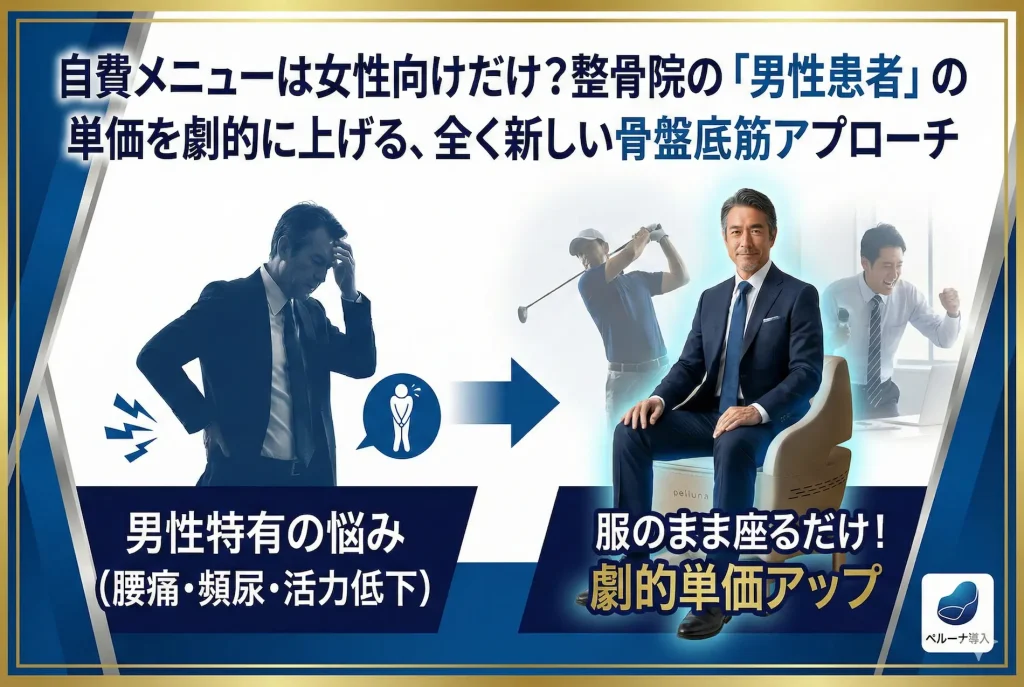 整骨院の男性患者向け自費メニュー。腰痛や頻尿など男性特有の悩みに対し、服のまま座るだけのペルーナで劇的な単価アップを実現するアプローチの図解