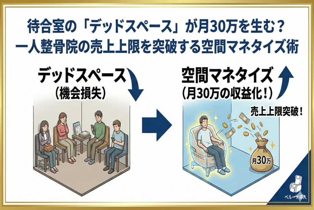 待合室のデッドスペースを活用した空間マネタイズ術。一人整骨院の売上上限を突破し、ペルーナを置いて月30万円の自動収益を生み出す仕組みの図解