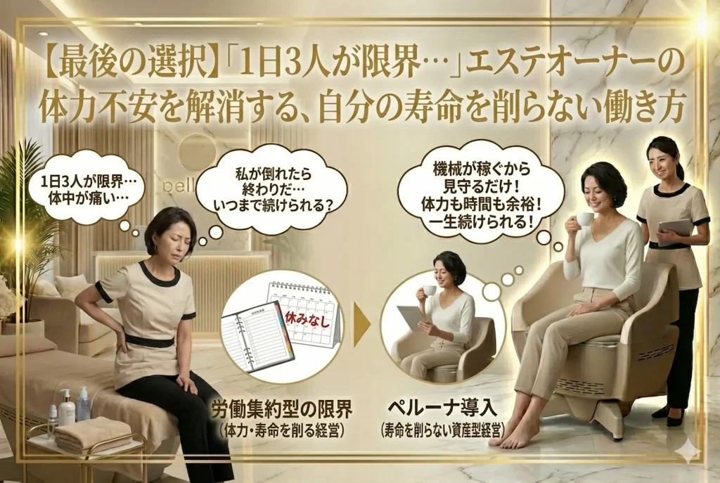 1日3人が限界というエステオーナーの体力不安を解消。自分の寿命を削らず機械が稼ぐ資産型経営への移行