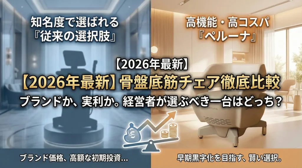【2026年最新】骨盤底筋チェア徹底比較のメインビジュアル画像。左側は「知名度で選ばれる『従来の選択肢』」として高額な初期投資をイメージさせるシルエット、右側は「高機能・高コスパ『ペルーナ』」として早期黒字化を目指す賢い選択肢であることを実機写真で対比。中央に「ブランドか、実利か。経営者が選ぶべき一台はどっち？」というキャッチコピーと、収益性を示す天秤のイラストが配置されている。