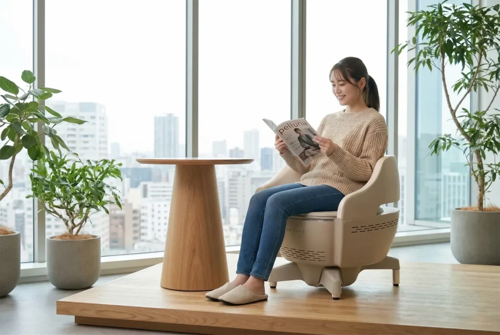 20代の女性が骨盤底筋トレーニングチェアに座っている様子