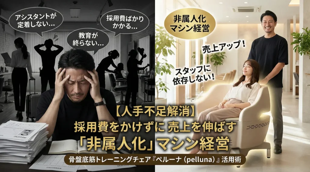 【人手不足解消】美容室の「非属人化」マシン経営を提案するバナー画像。左側にはスタッフの教育や離職に頭を抱えるモノクロのオーナー、右側には骨盤底筋トレーニングチェア「ペルーナ（pelluna）」に普段着のままリラックスして座るお客様と、売上アップに笑顔を見せるオーナーの対比が描かれています。