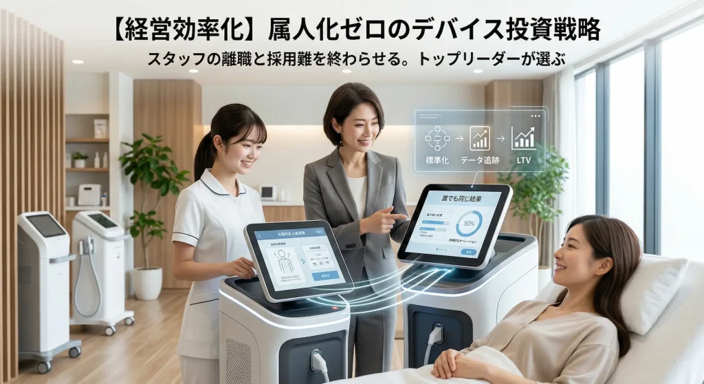 美容クリニックで、スーツ姿の経営者が制服姿のスタッフに、データを表示する最新美容機器の活用方法を説明している様子。画面には『標準化』『データ追跡』『LTV』のフロー図や『誰でも同じ結果』というテキストが表示されており、記事テーマ『【経営効率化】属人化ゼロのデバイス投資戦略』を表現している。