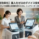 美容クリニックで、スーツ姿の経営者が制服姿のスタッフに、データを表示する最新美容機器の活用方法を説明している様子。画面には『標準化』『データ追跡』『LTV』のフロー図や『誰でも同じ結果』というテキストが表示されており、記事テーマ『【経営効率化】属人化ゼロのデバイス投資戦略』を表現している。