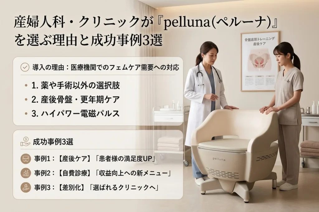 産婦人科やクリニックにおける骨盤底筋マシン「pelluna（ペルーナ）」の導入理由と成功事例3選を解説した画像。白衣の医師とスタッフがマシンの横に立つ清潔感のある空間を背景に、薬や手術以外の選択肢としてのメリットを提示しています