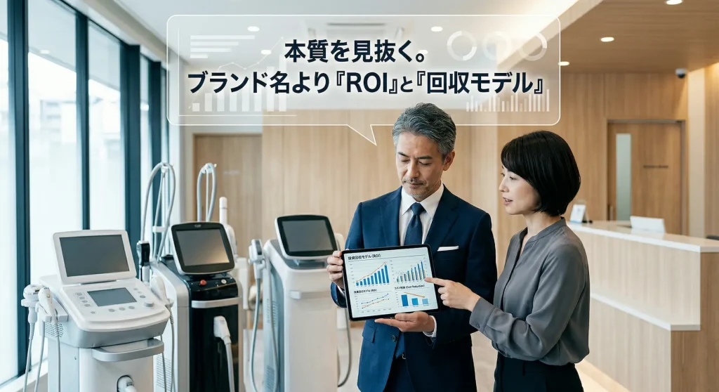 エステサロンやクリニックへの業務用デバイス導入において、ブランド名ではなくROI(投資回収率)のデータをタブレットで確認し検討する経営者