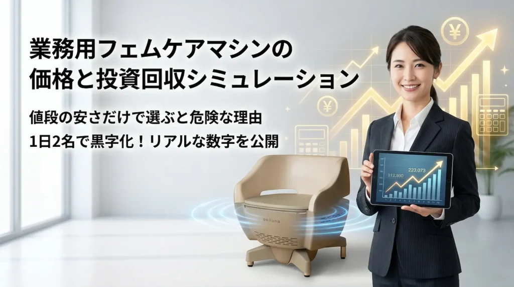 業務用フェムケアマシンの価格と投資回収シミュレーション記事のメインビジュアル。製品「ペルーナ」と、収益増加のグラフが表示されたタブレットを持つ女性。「値段の安さだけで選ぶと危険な理由」「1日2名で黒字化」というキャッチコピー。