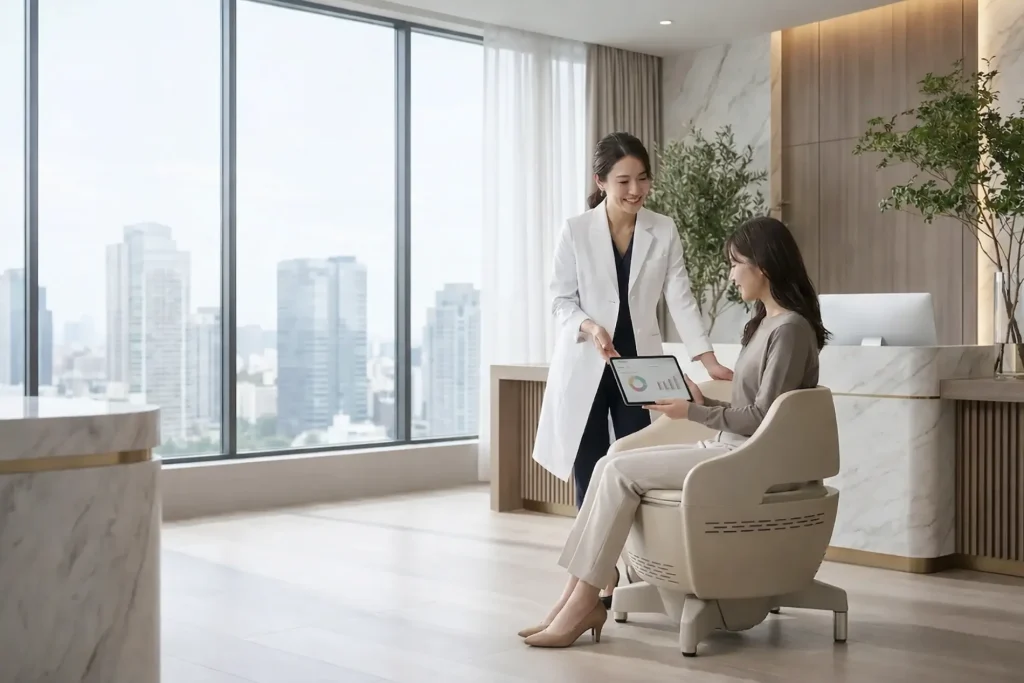 スタッフが直感的に扱える「日本語インターフェース」をお客様に見せている様子