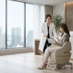 スタッフが直感的に扱える「日本語インターフェース」をお客様に見せている様子