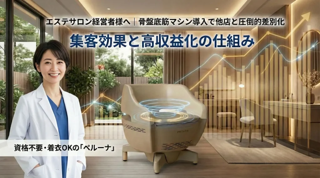 エステサロン経営者向け骨盤底筋マシン導入ガイドのメインビジュアル。製品「ペルーナ」と白衣の女性オーナー、右肩上がりの収益グラフ。「他店と圧倒的差別化」「集客効果と高収益化の仕組み」というキャッチコピー。