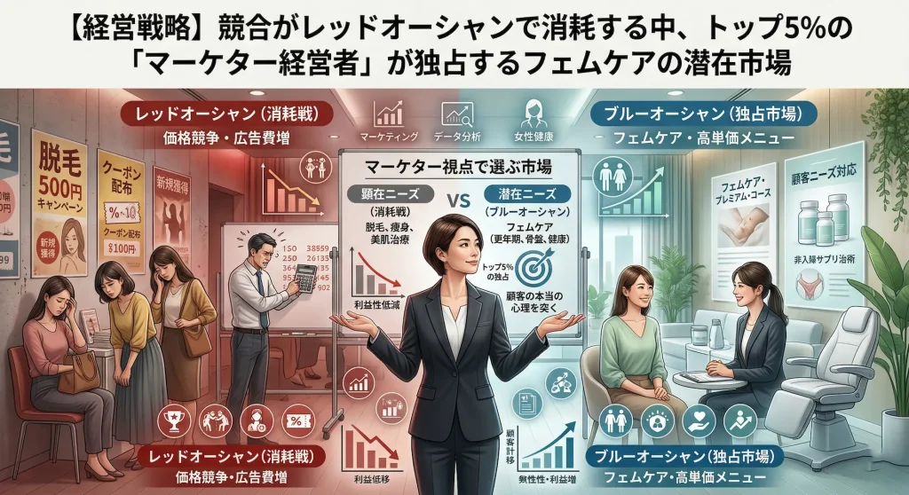 価格競争で消耗するレッドオーシャン市場と、フェムケアの高単価メニューで利益を生むブルーオーシャン市場を対比させた図解。中央の女性経営者が、脱毛や痩身などの顕在ニーズから、潜在ニーズであるフェムケア市場へシフトするマーケティング戦略を解説している。