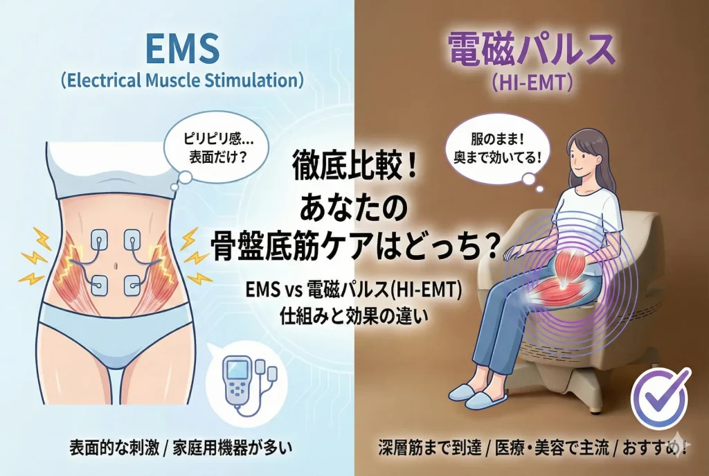 EMSと電磁パルス（HI-EMT）のフェムケアマシンの仕組みと効果の違いを比較した図。左は表面的な刺激のEMS、右は服を着たまま深層の骨盤底筋まで届く電磁パルスマシン（ペルーナ）に座る女性のイラスト。