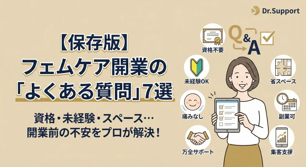【保存版】フェムケア開業の「よくある質問」7選の解説図。資格、未経験、スペース、痛み、副業といった疑問をプロが解決し、安心した表情の女性オーナーがチェックリストを持っているイラスト。Dr.Support提供。