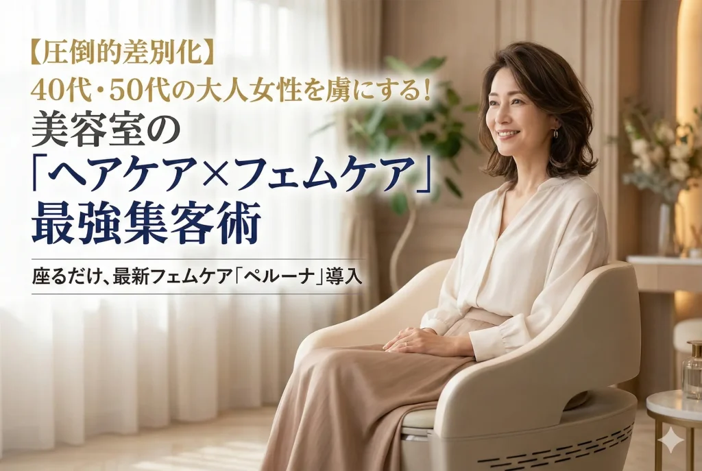 【圧倒的差別化】美容室の「ヘアケア×フェムケア」最強集客術のバナー画像。40代・50代の大人女性が最新フェムケアマシン「ペルーナ(pelluna)」に座り、笑顔を見せている様子。