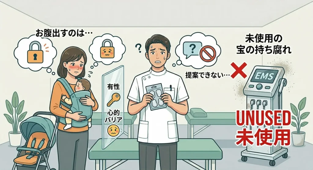 柔道整復師の院内で、EMS導入の課題を描いたインフォグラフィック。女性患者（母親と赤ちゃん）がお腹を見せることへの羞恥心（心理的バリア）を感じ、柔道整復師が提案に悩んでいるため、EMS機器が『未使用』のまま『宝の持ち腐れ』になっている状況を表現。
