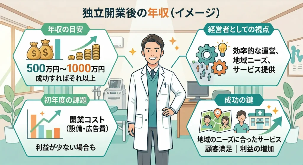 柔道整復師の独立開業後の年収目安（500万円〜1000万円）と、成功のための経営視点、成功の鍵、初年度の課題をまとめた図解。