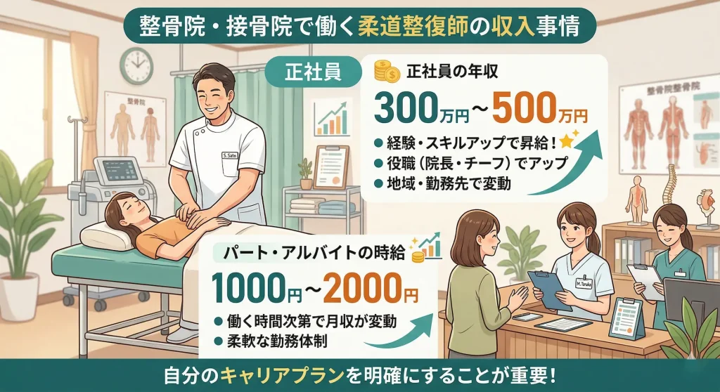 整骨院・接骨院で働く柔道整復師の収入事情（正社員の年収やパート・アルバイトの時給）をまとめた図解