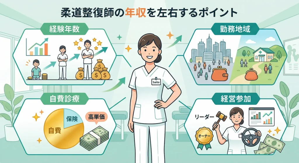 柔道整復師の年収を左右する4つの主な要因（経験年数、勤務地域、自費診療の割合、経営参加）をまとめた図解