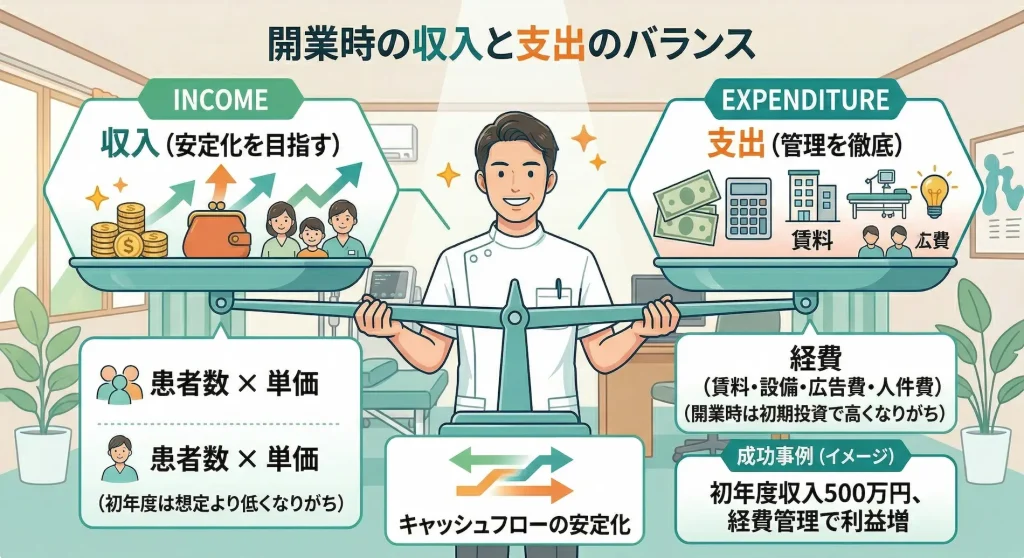 柔道整復師の開業時における収入と支出のバランス、およびキャッシュフローの安定化を解説するインフォグラフィック。天秤を模した図で、左側に収入要素、右側に支出要素、下部に経費管理と初年度収入500万円の成功事例が示されている。