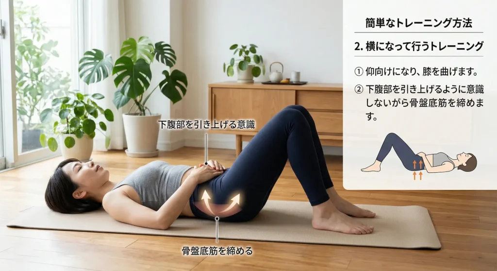 リビングルームでヨガマットの上に仰向けになった女性（Yuki、30代、ショートヘア）が、自宅でできる簡単な骨盤底筋トレーニングのやり方を実演。テキストとイラストで「2. 横になって行うトレーニング」の手順を解説しており、①仰向けになって膝を曲げる、②下腹部を引き上げるように意識しながら骨盤底筋を締める、というステップが示されている。正しいフォームを確認できる。