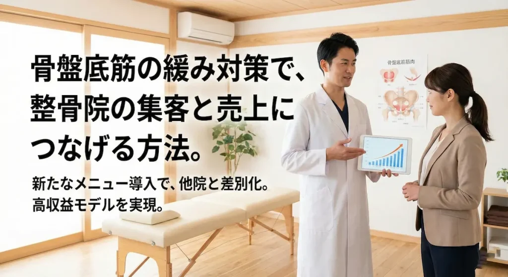 整骨院の売上と集客向上のための骨盤底筋ケアメニュー導入について、施術者と経営者が話し合っている様子
