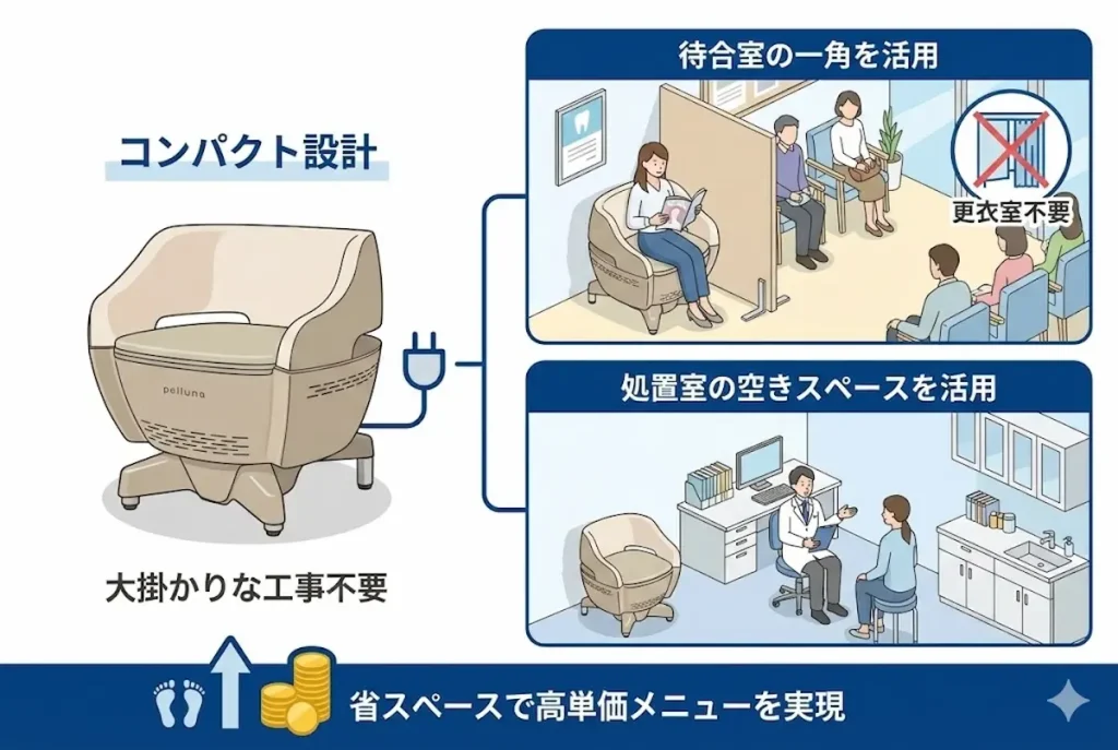 大掛かりな工事不要で待合室や処置室の空きスペースに設置できる骨盤底筋トレーニングマシン「pelluna（ペルーナ）」のコンパクトなサイズ感