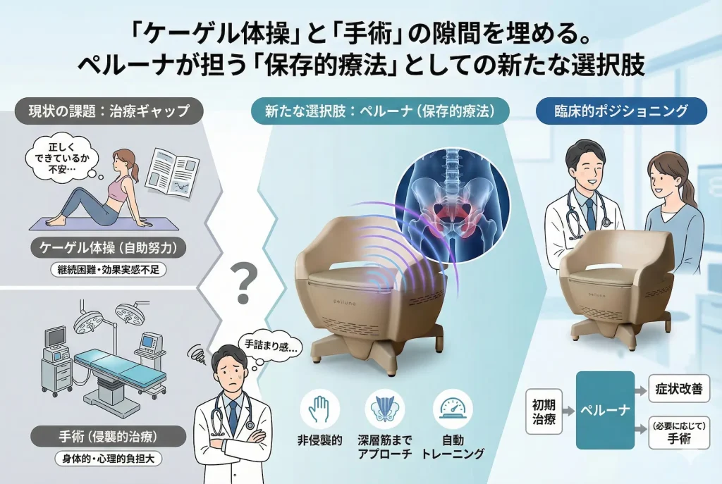「ケーゲル体操(自助努力)」と「手術(侵襲的治療)」の間にある治療ギャップを埋める、骨盤底筋トレーニングマシン「ペルーナ」の役割を示すインフォグラフィック。保存的療法としての新たな選択肢と、初期治療における臨床的ポジショニングを解説した図。