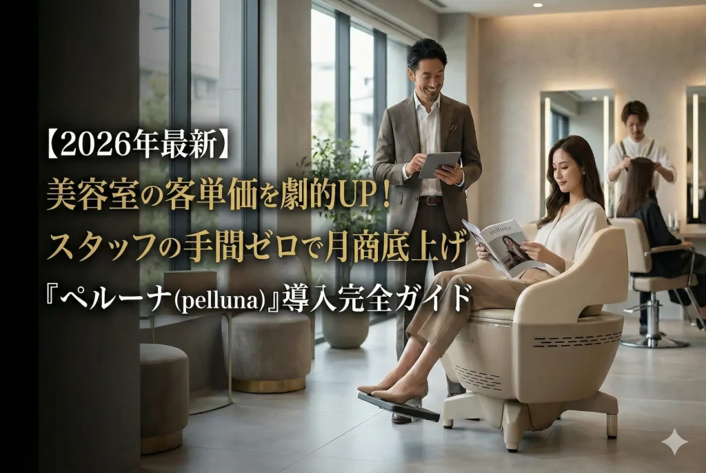 【2026年最新】美容室の客単価を劇的UP！スタッフの手間ゼロで月商を底上げする骨盤底筋トレーニングチェア『ペルーナ（pelluna）』導入完全ガイドのアイキャッチ画像。サロン内で女性客がペルーナに座り、オーナーが案内している様子。