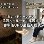 「温める・ほぐすだけ」のよもぎ蒸しで価格競争に悩む女性と、温活に骨盤底筋トレーニングチェア『ペルーナ（pelluna）』を掛け合わせて「根本から鍛える」高単価セットメニューを提供する笑顔の女性の比較画像。脱レッドオーシャンと客単価UPの方程式を表現。