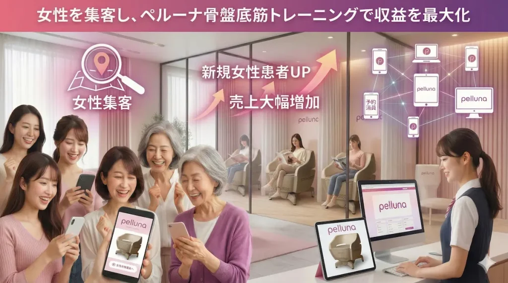 女性を集客し、ペルーナ(pelluna)骨盤底筋トレーニングチェアで収益を最大化するサロンの成功イメージ。新規女性患者の増加と売上大幅アップを示すバナー画像。