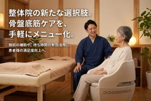 整体院で高齢の患者様が骨盤底筋チェアpelluna（ペルーナ）に座り、施術者と話している様子